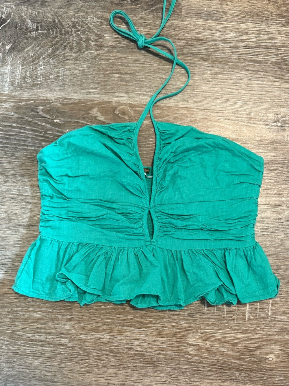 Free People Teal Ruched Halter Ruffle Crop Top